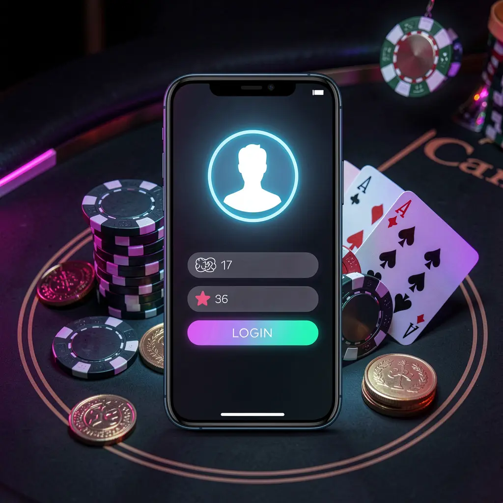 GO6 casino app login scene on a smartphone with a glowing user profile icon, surrounded by chips, cards, and coins against an elegant dark background with neon highlights