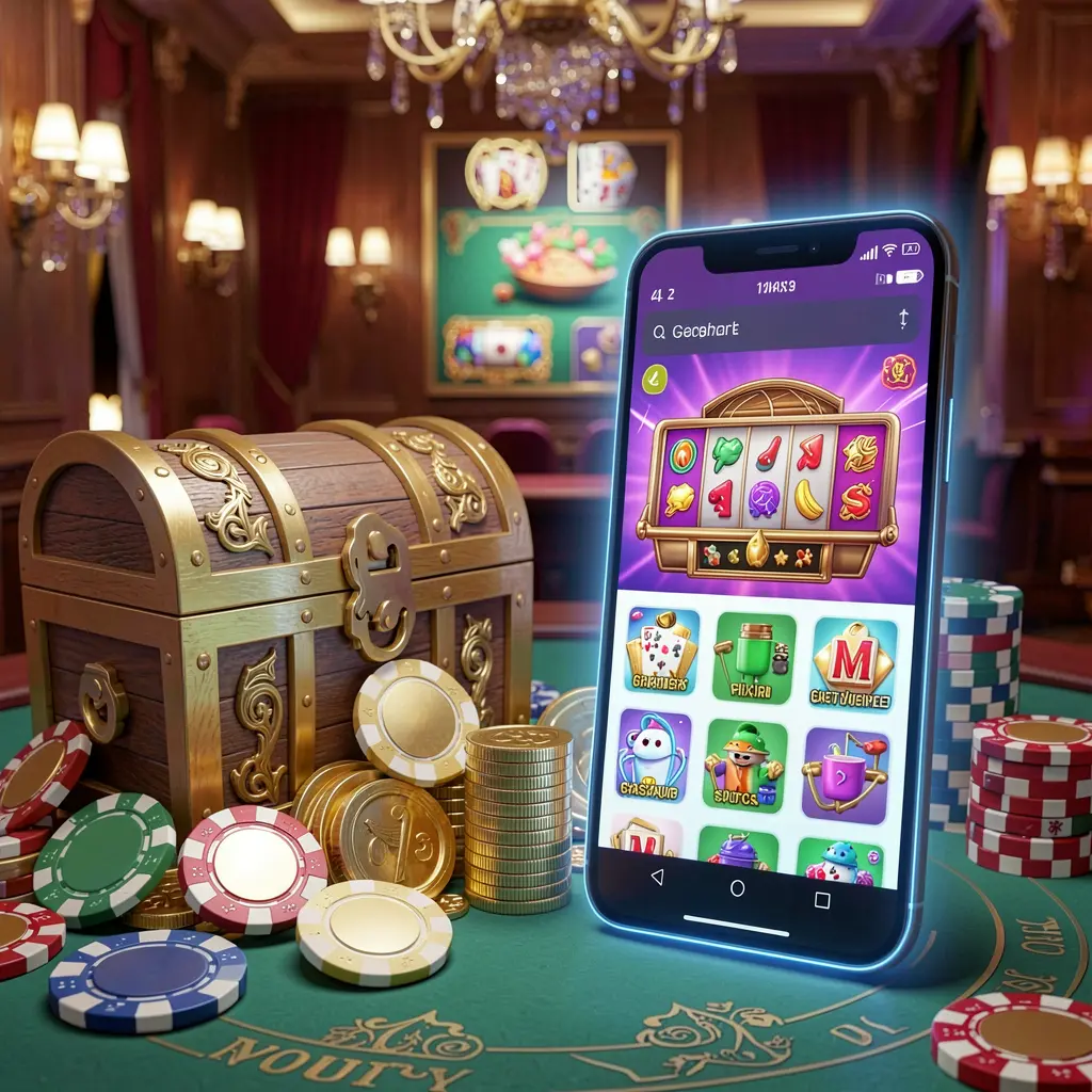 Glowing smartphone displaying GO6 Casino APK app layout with a treasure chest, chips, and coins nearby in a luxury 3D render