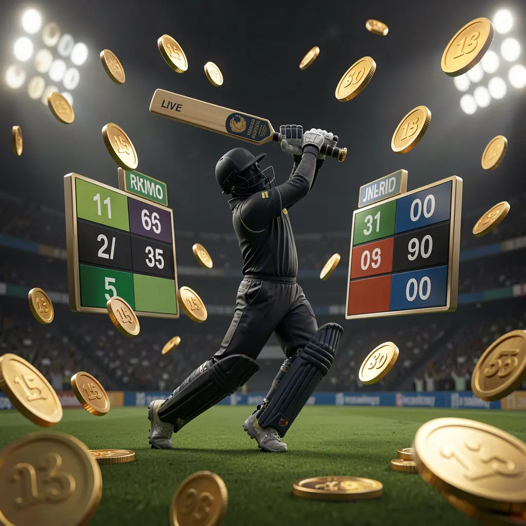 GO6 live cricket odds visual featuring a cricket player silhouette batting under stadium lights with floating odds graphics and golden coins on a premium dark sports background
