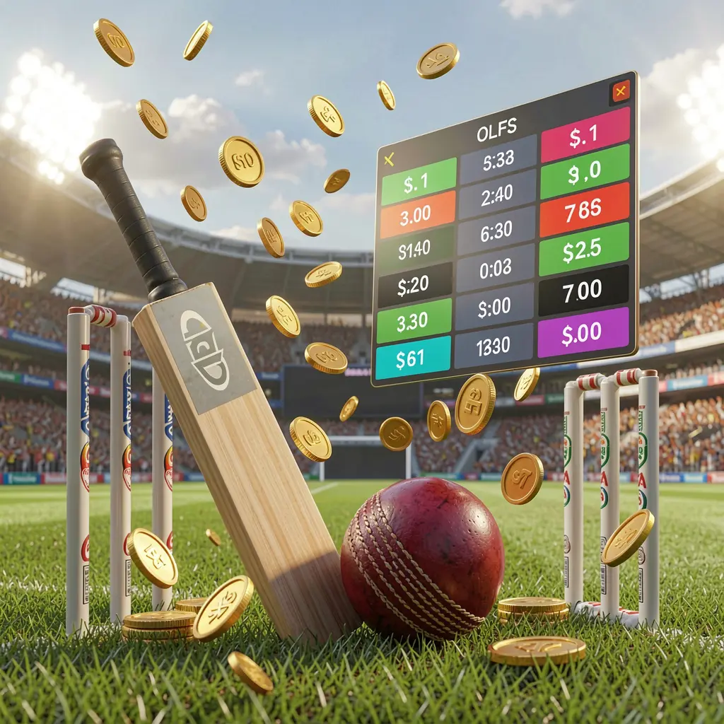 Realistic 3D illustration of a cricket bat, cricket ball, and wickets on stadium grass with floating betting odds interface and golden coins flying, representing GO6 sports betting page in Malaysia