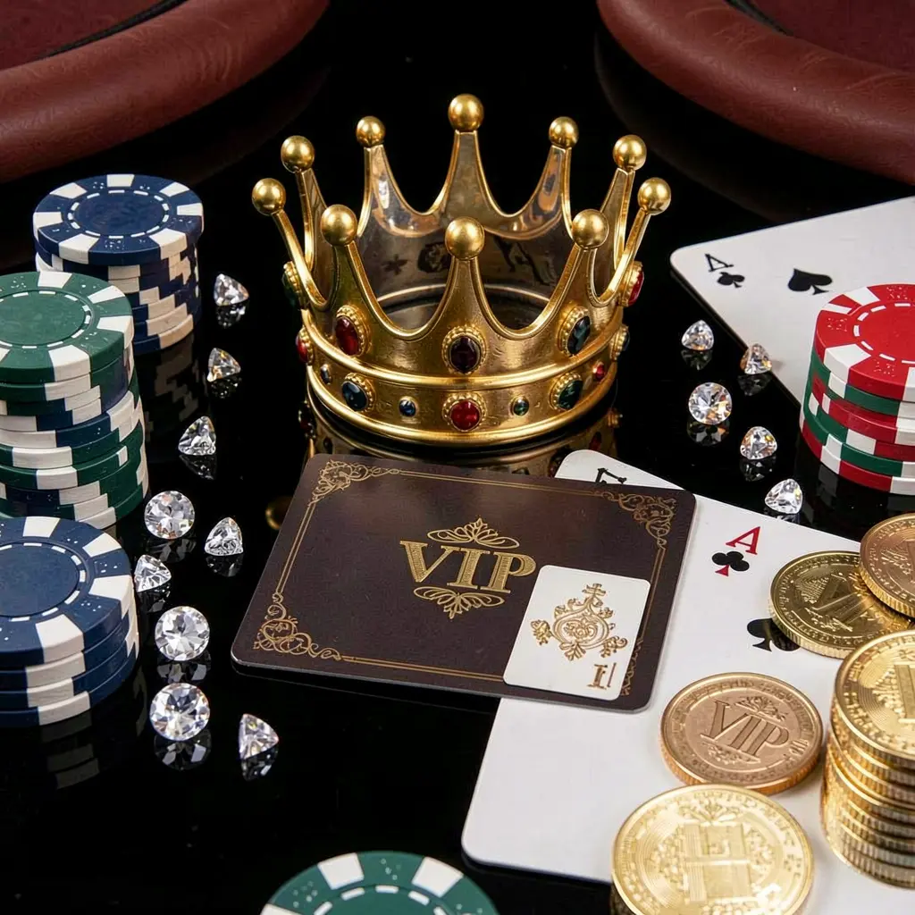GO6 VIP casino bonus concept featuring a golden crown, luxury membership card, poker chips, diamonds, and coins displayed on a glossy black table in an elegant premium style