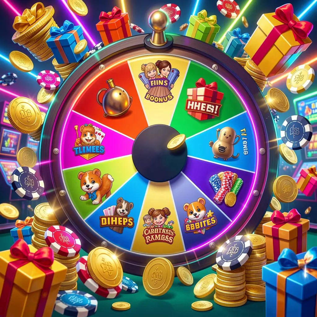 GO6 casino bonus wheel with colorful prize sections, surrounded by golden coins, chips, and gift boxes under bright neon casino lights in a dynamic composition