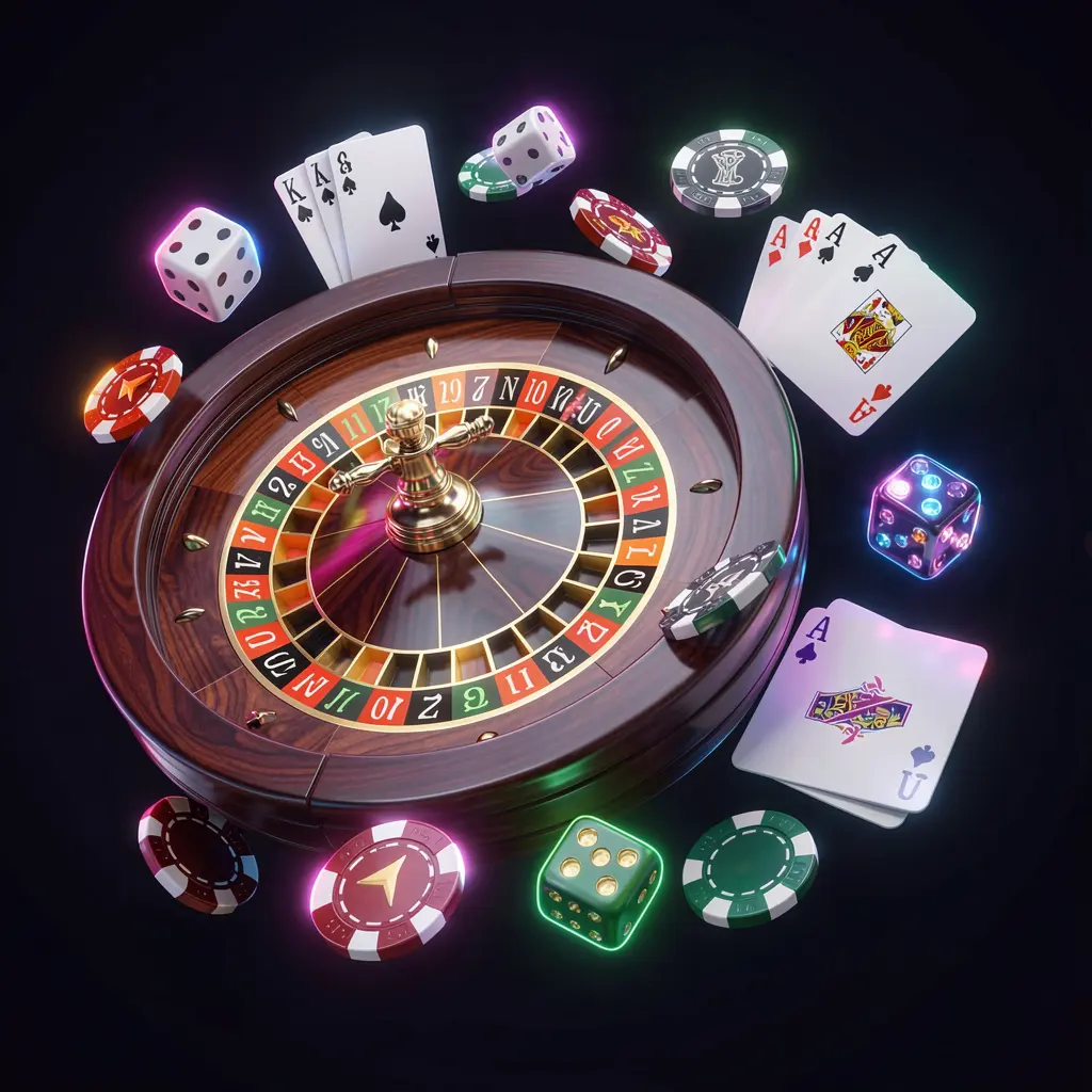 GO6 online casino games collection featuring a neon glowing roulette wheel, blackjack cards, dice, slot symbols, and poker chips floating together in a premium 3D render GO6 online casino games collection featuring a neon glowing roulette wheel, blackjack cards, dice, slot symbols, and poker chips floating together in a premium 3D render