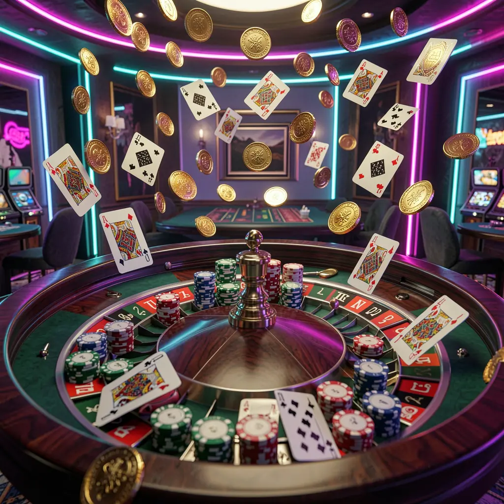 GO6 premium casino gaming scene featuring an elegant roulette table with chips and cards, golden coins flying in the air under dramatic neon lighting in a high detail 3D render GO6 premium casino gaming scene featuring an elegant roulette table with chips and cards, golden coins flying in the air under dramatic neon lighting in a high detail 3D render
