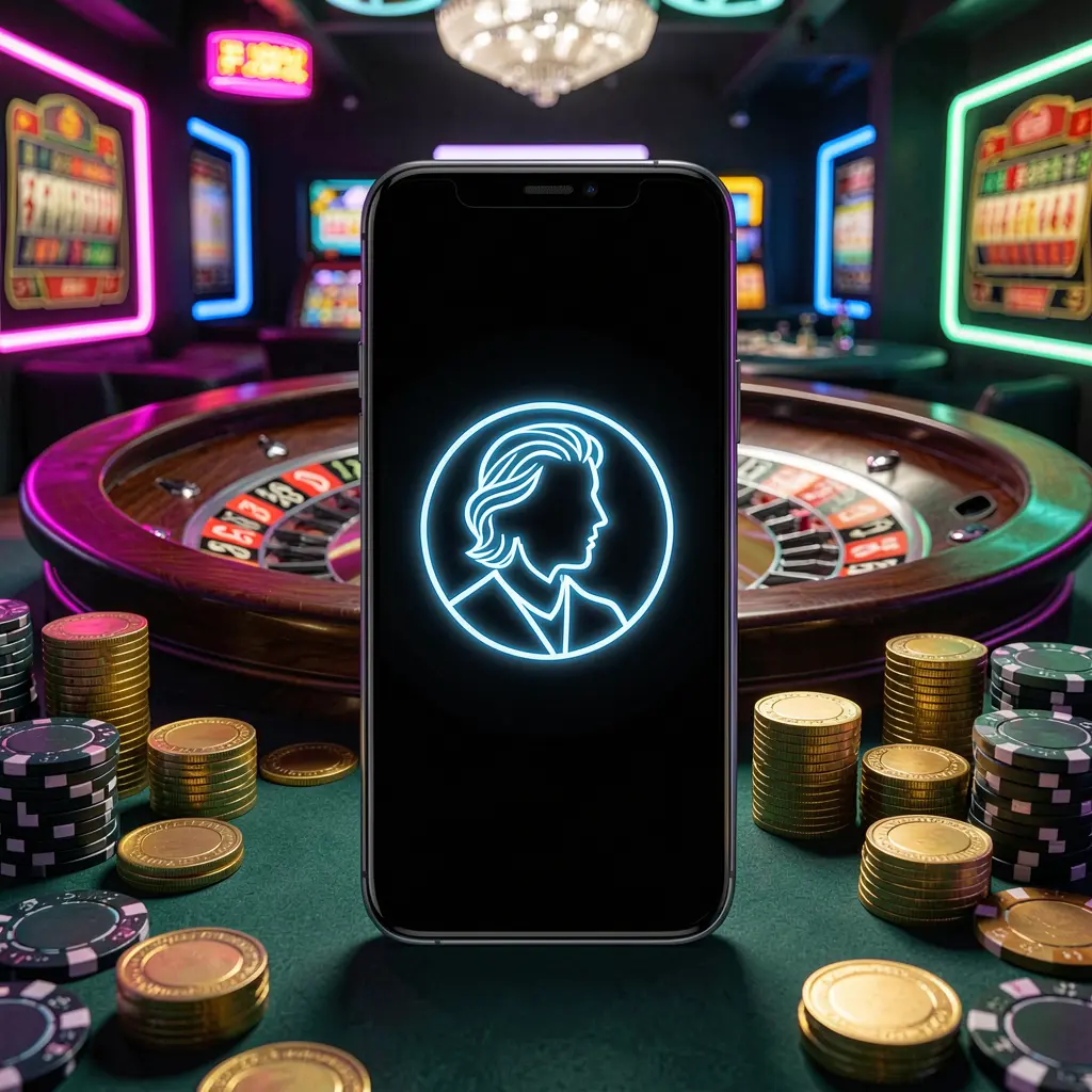 GO6 online casino login image featuring a modern phone with glowing profile icon, roulette lights in the background, golden coins and poker chips in a premium dark neon atmosphere