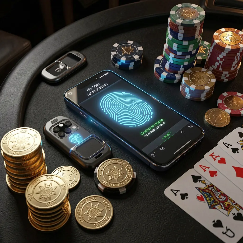 GO6 online casino authentication concept showing a phone with glowing fingerprint scan on a premium black table surrounded by poker chips, golden coins, and playing cards in a cinematic 3D render
