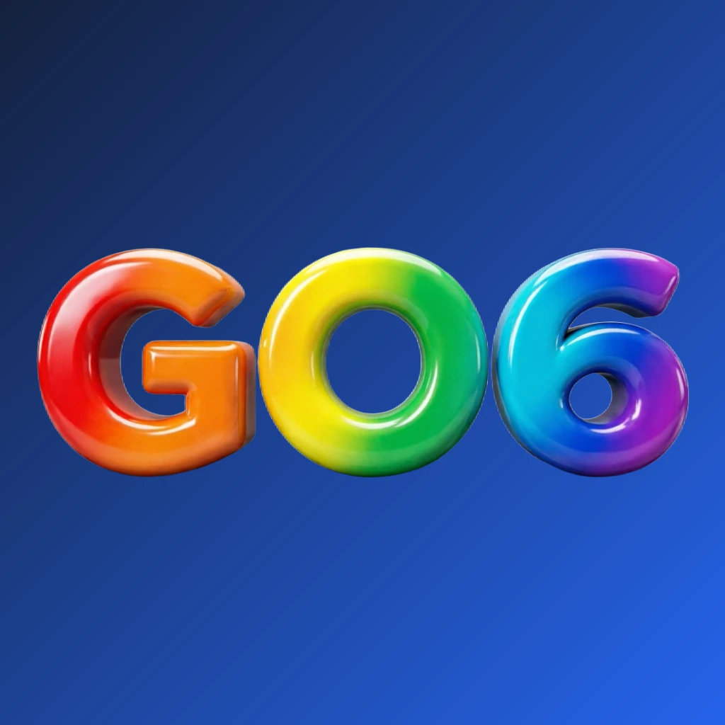Eye-catching 3D GO6 logo with oversized bold font in colorful rainbow gradient and glossy plastic texture, featuring strong shadows and highlights on a transparent background, designed as a wide horizontal rectangular wordmark for website header Eye-catching 3D GO6 logo with oversized bold font in colorful rainbow gradient and glossy plastic texture, featuring strong shadows and highlights on a transparent background, designed as a wide horizontal rectangular wordmark for website header
