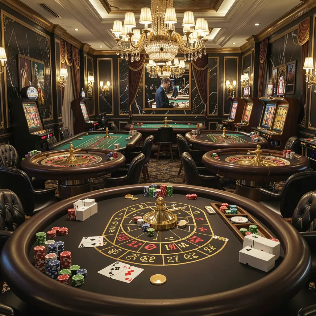 GO6 luxury online casino lobby with glowing roulette tables, golden lights, poker chips, and cards in a premium black and gold design GO6 luxury online casino lobby with glowing roulette tables, golden lights, poker chips, and cards in a premium black and gold design